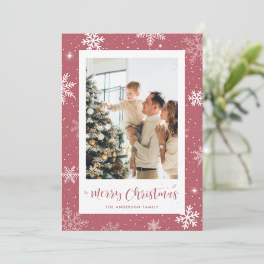 Roze Snowflake Kaart met kerstfoto's (Staand voorkant)
