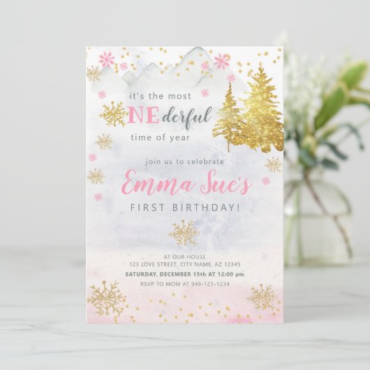 Roze Snowflake ONEderful Time of Year Birthday Kaart (Staand voorkant)