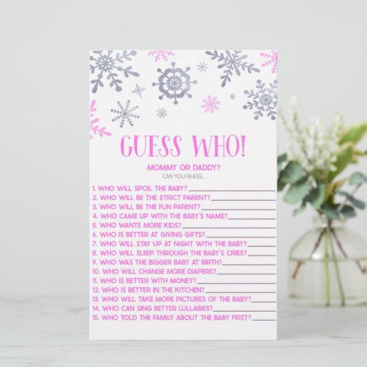 Roze Snowflake raad eens wie! Baby shower game Briefpapier (Staand voorkant)