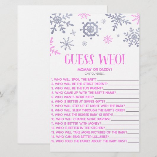 Roze Snowflake raad eens wie! Baby shower game Briefpapier (Voorkant / Achterkant)