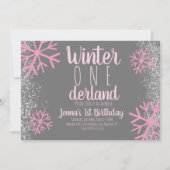 Roze Snowflake Snowy Script First Birthday Kaart (Voorkant)