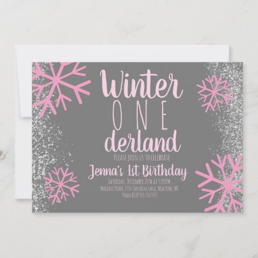 Roze Snowflake Snowy Script First Birthday Kaart (Voorkant)