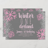 Roze Snowflake Snowy Script First Birthday Kaart (Voorkant / Achterkant)