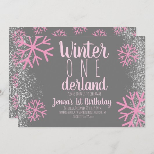 Roze Snowflake Snowy Script First Birthday Kaart (Voorkant / Achterkant)