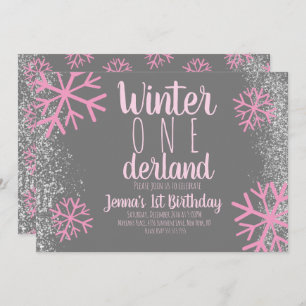 Roze Snowflake Snowy Script First Birthday Kaart
