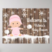 Roze Snowflake Winter Baby shower Sign Poster (Voorkant)
