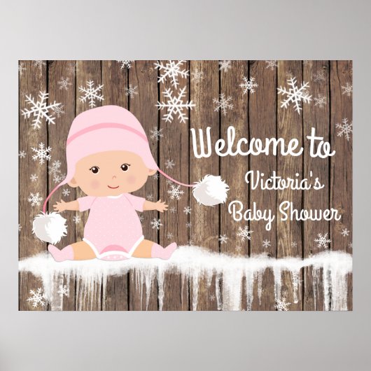 Roze Snowflake Winter Baby shower Sign Poster (Voorkant)