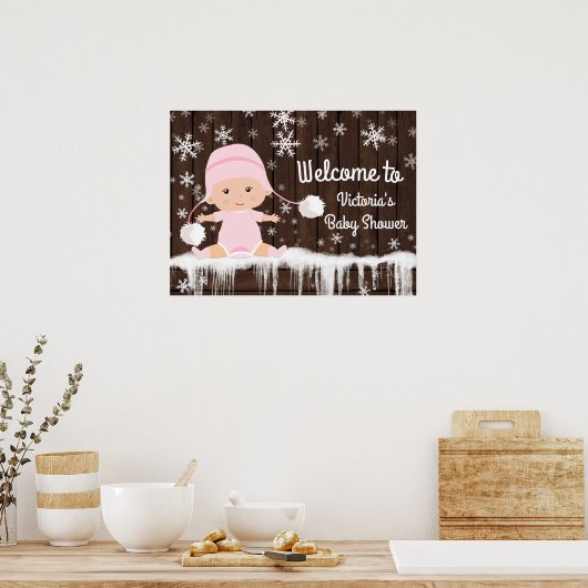 Roze Snowflake Winter Baby shower Sign Poster (Keuken)
