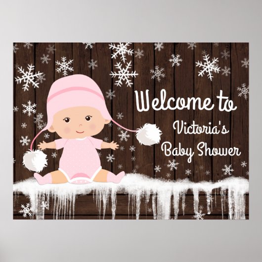 Roze Snowflake Winter Baby shower Sign Poster (Voorkant)