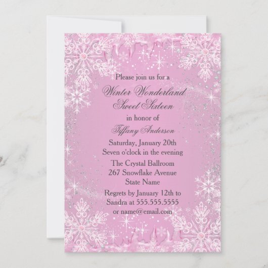 Roze Snowflake Winter Wonderland Sweet 16 Invite Kaart (Voorkant)
