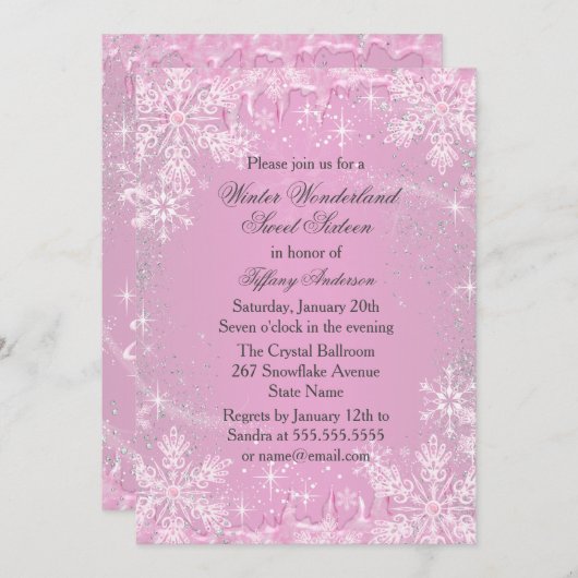 Roze Snowflake Winter Wonderland Sweet 16 Invite Kaart (Voorkant / Achterkant)