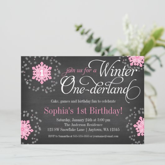 Roze Snowflakes Chalkboard Winter Onederland Kaart (Staand voorkant)