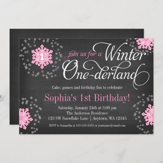 Roze Snowflakes Chalkboard Winter Onederland Kaart (Voorkant / Achterkant)