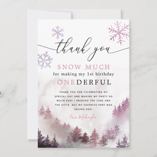 Roze Snowflakes ONEderful 1st Birthday Bedankkaart (Voorkant)