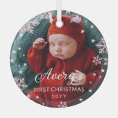 Roze Snowflakes & Stars Baby's eerste kerstfoto Glas Ornament (Voorkant)