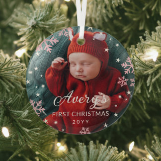 Roze Snowflakes & Stars Baby's eerste kerstfoto Glas Ornament