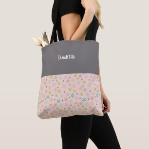 Roze Snowflakes Turquoise Lime Green Grey Name Tote Bag