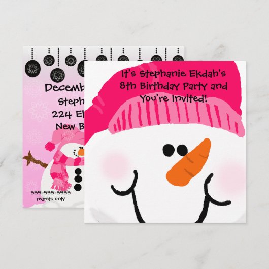 Roze Snowman Birthday-uitnodigingen Kaart (Voorkant / Achterkant)