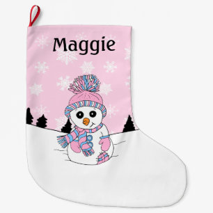 Roze Snowman en Snowflakes, op maat gemaakt  Grote Kerstsok