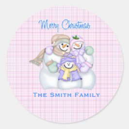 Roze Snowman Family Custom Kerstvakantie Ronde Sticker