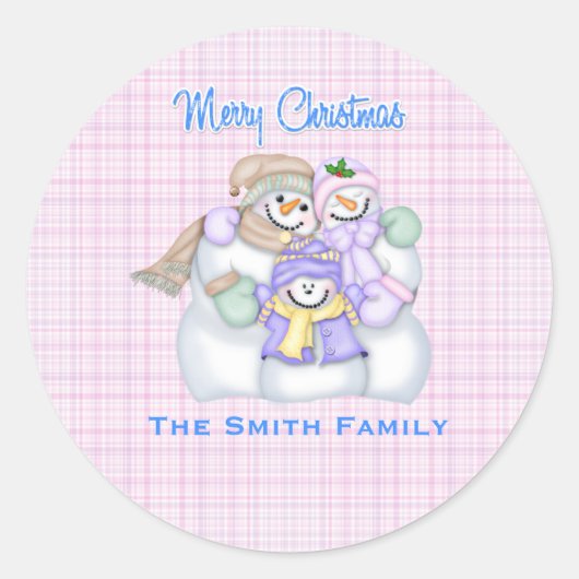 Roze Snowman Family Custom Kerstvakantie Ronde Sticker (Voorkant)