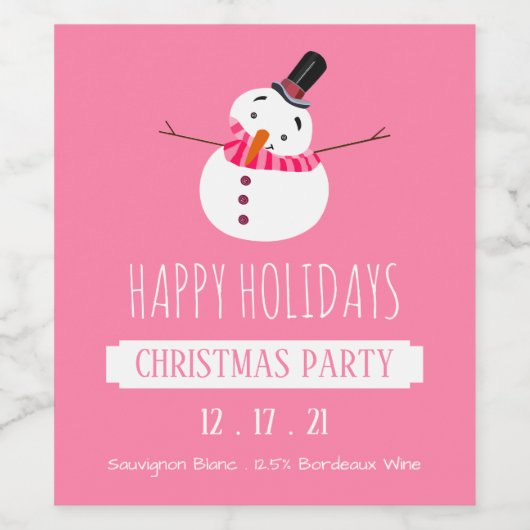 Roze Snowman, kerstfeest Wijn Etiket (Enkel label)