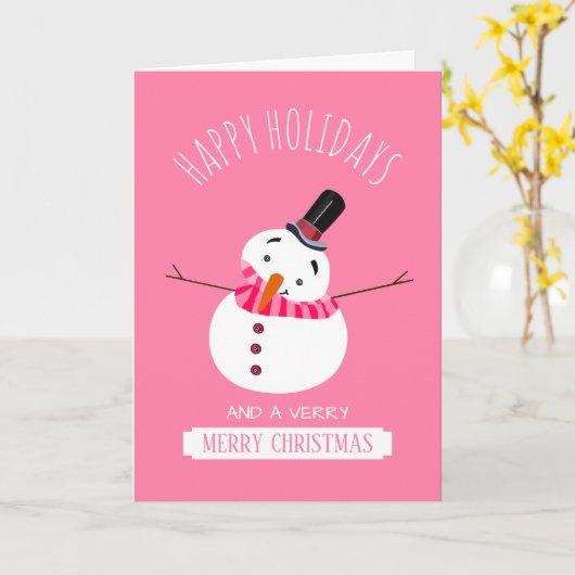 Roze Snowman, kerstgroet Kaart (Gele Bloem)