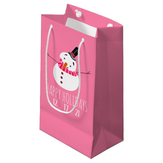 Roze Snowman Prettige feestdagen Klein Cadeauzakje (Voorkant Gekanteld)
