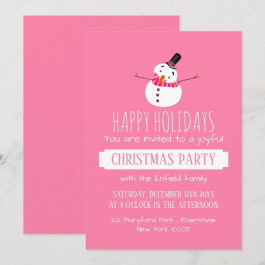 Roze Snowman, uitnodiging voor kerstfeest (Voorkant / Achterkant)