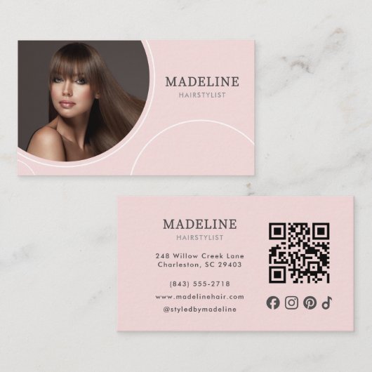 Roze Social Icon QR Code Foto Kapper Visitekaartje (Voorkant / Achterkant)