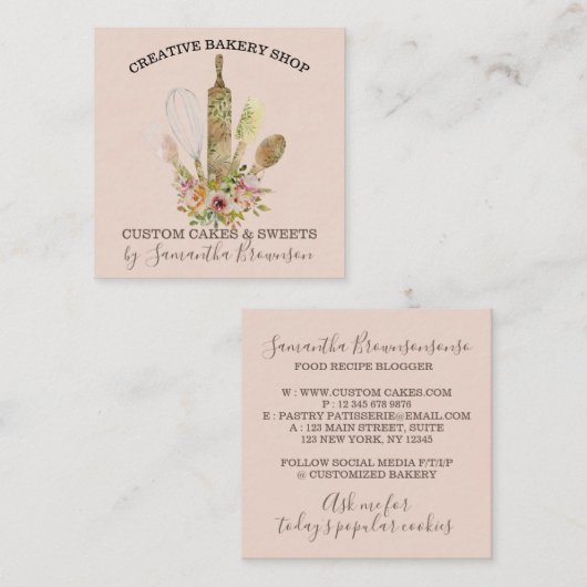 Roze Soft Bakery Pastry Chef Utils wood whisky Vierkante Visitekaartje (Voorkant / Achterkant)