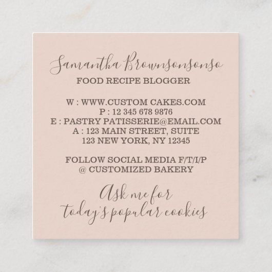 Roze Soft Bakery Pastry Chef Utils wood whisky Vierkante Visitekaartje (Achterkant)