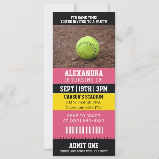 Roze Softbal Ticket Verjaardagsfeestje Kaart (Voorkant)