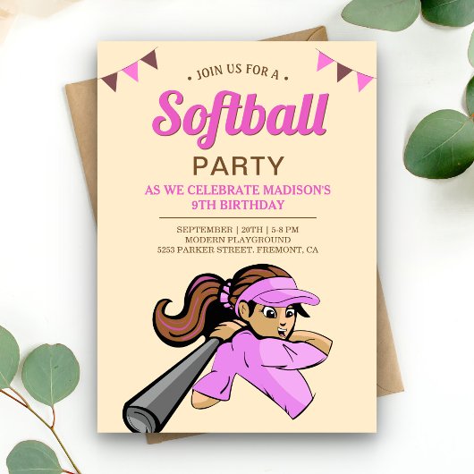 Roze Softbal Verjaardagsfeestje Kaart