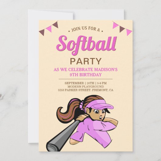 Roze Softball Birthday Party Kaart (Voorkant)