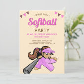 Roze Softball Birthday Party Kaart (Staand voorkant)