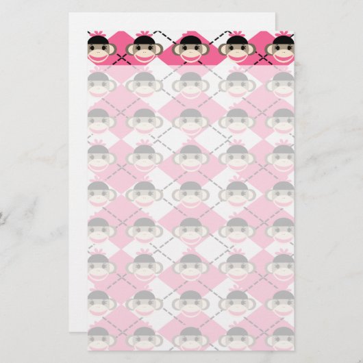 Roze sok-apen op roze witte Argyle Diamond Briefpapier (Voorkant / Achterkant)