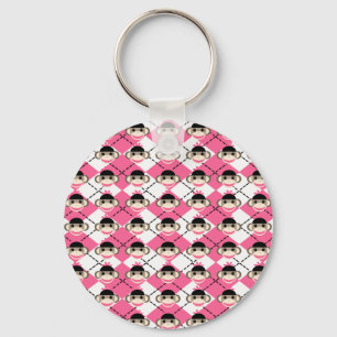 Roze sok-apen op roze witte Argyle Diamond Sleutelhanger