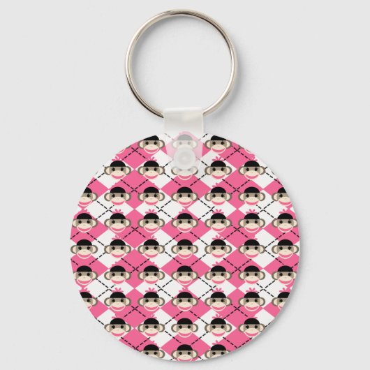 Roze sok-apen op roze witte Argyle Diamond Sleutelhanger (Voorkant)