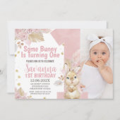 Roze Sommige Bunny Boho Bloemen 1e Verjaardag Kaart (Voorkant)
