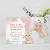 Roze Sommige Bunny Boho Bloemen 1e Verjaardag Kaart (Staand voorkant)
