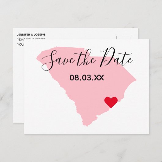 Roze South Carolina Red Heart Save the Date Aankondigingskaart (Voorkant / Achterkant)