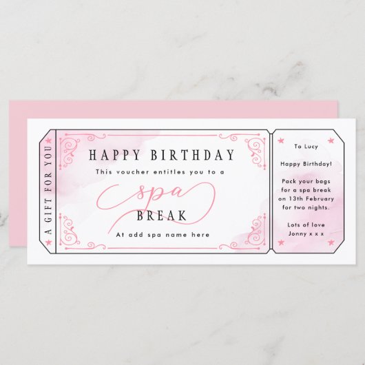 Roze spa Break Gift Voucher Ticket (Voorkant / Achterkant)