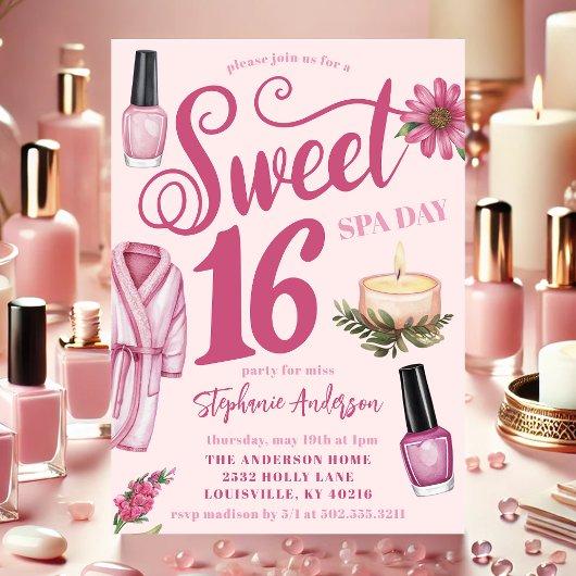 Roze Spa Dag Sweet 16 Uitnodiging