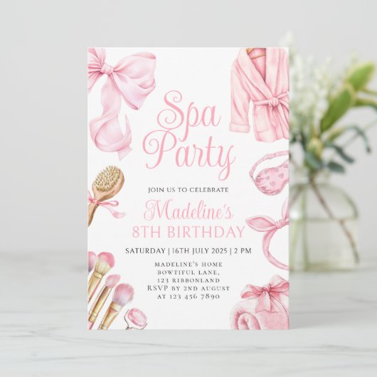 Roze Spa Party Meisje 8e verjaardag Uitnodiging (Staand voorkant)