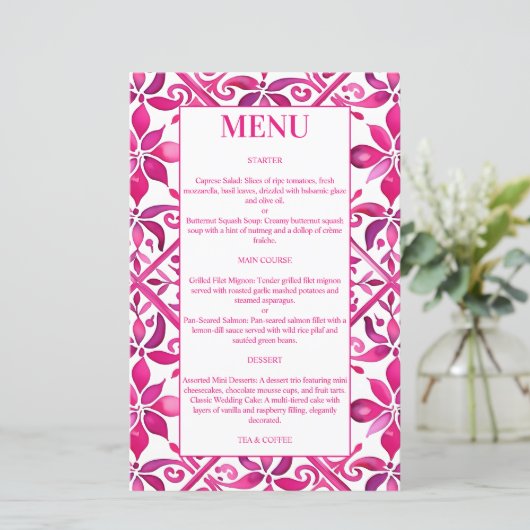 Roze Spaans Mexicaanse talavera bruiloft menu (Staand voorkant)