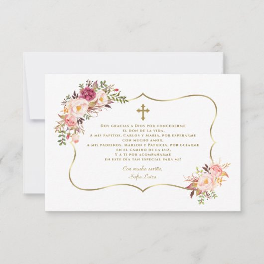Roze Spaanse Bloem Dank Met Gebed Doop Bedankkaart (Voorkant)