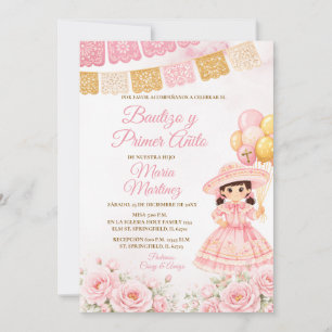 Roze Spaanse Meisje Fiesta Bautizo en eerste verja Kaart