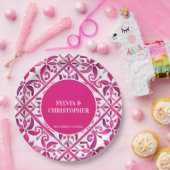 Roze Spaanse talavera bruiloft monogram gedrukt Papieren Bordje (Feest)