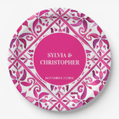 Roze Spaanse talavera bruiloft monogram gedrukt Papieren Bordje (Voorkant)